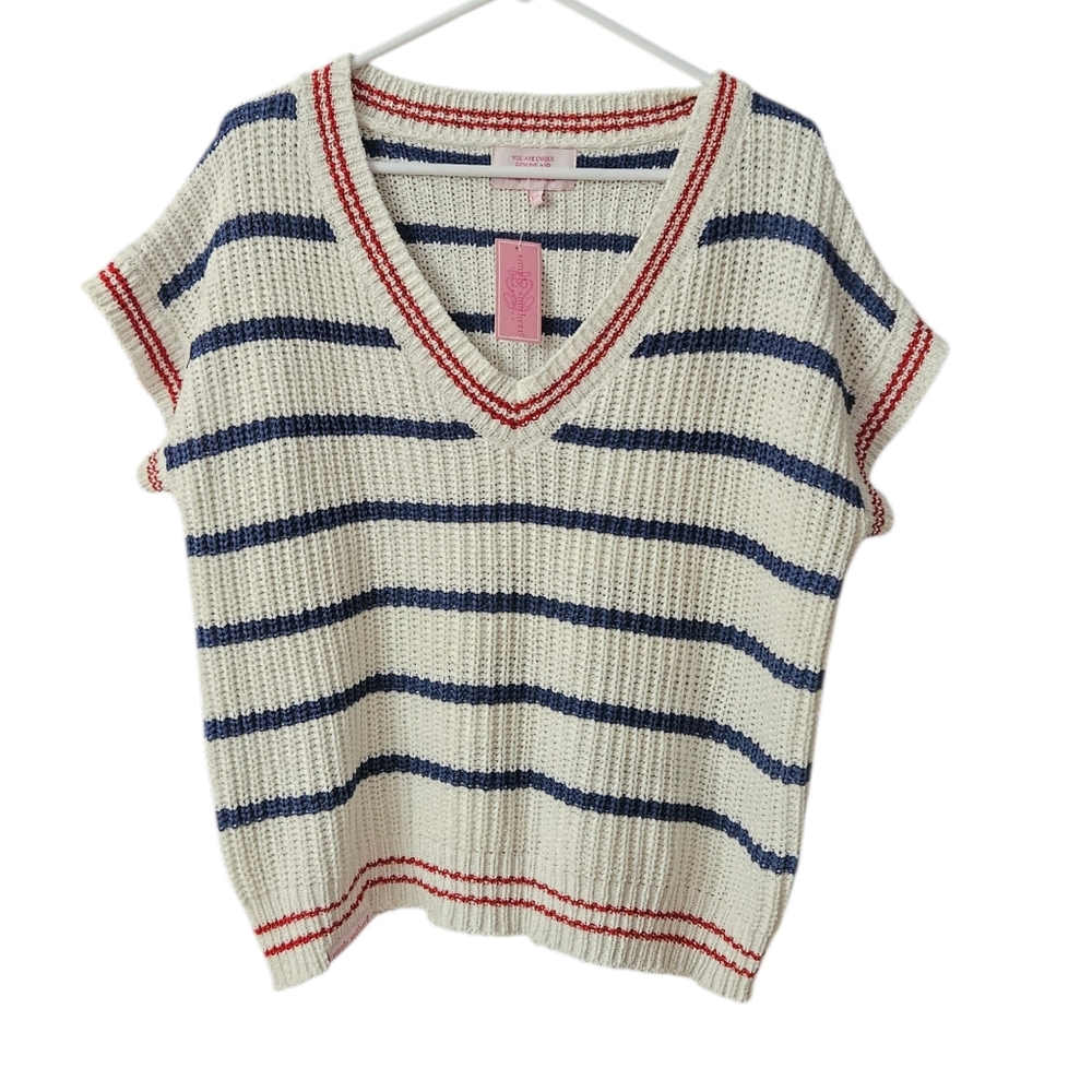 Simply Southern V-Neck Sweater Vest NEW Women's XXL Striped Red Blue Off-White